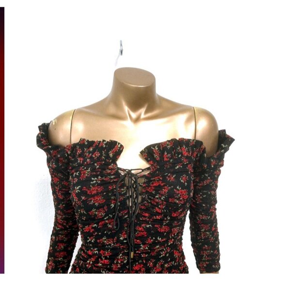 Whimsigoth Floral Mini Ruched Dress Black Red Off Shoulder Sz S Dark Fairy Vamp - Picture 6 of 8